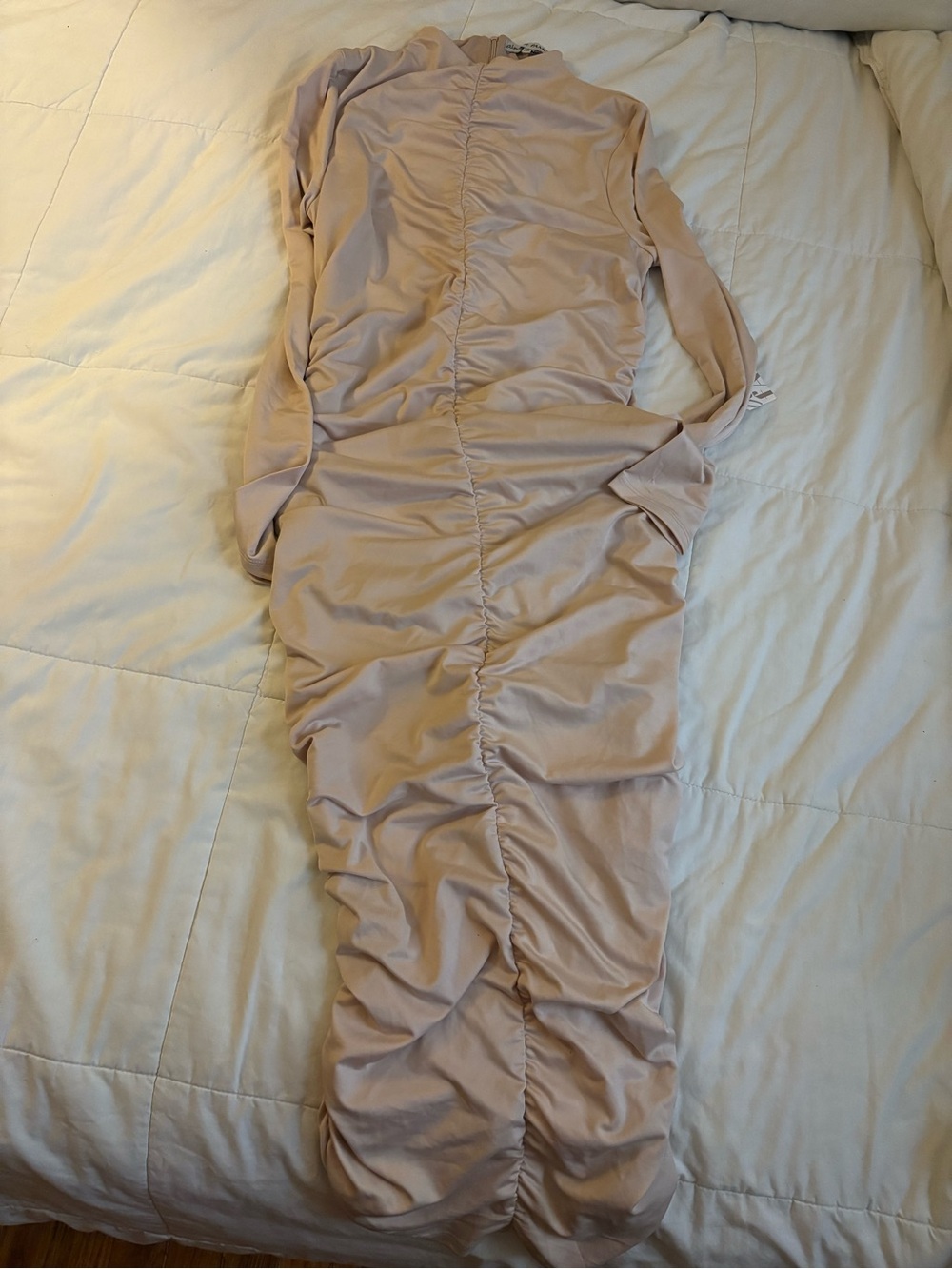 Almost Famous Ruched Long Sleeve Midi Dress in Beige